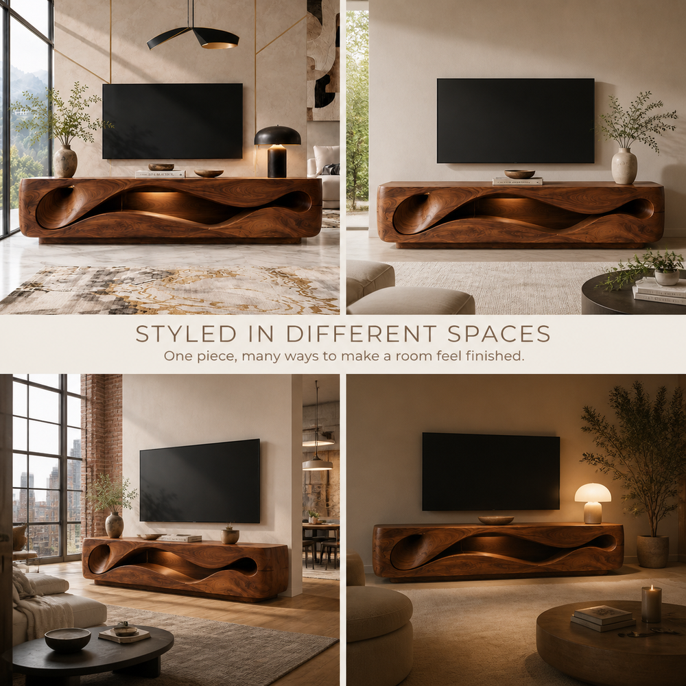Eira Sculptural Solid Wood TV Stand - Design 020 - TV stand detail and styling view 09