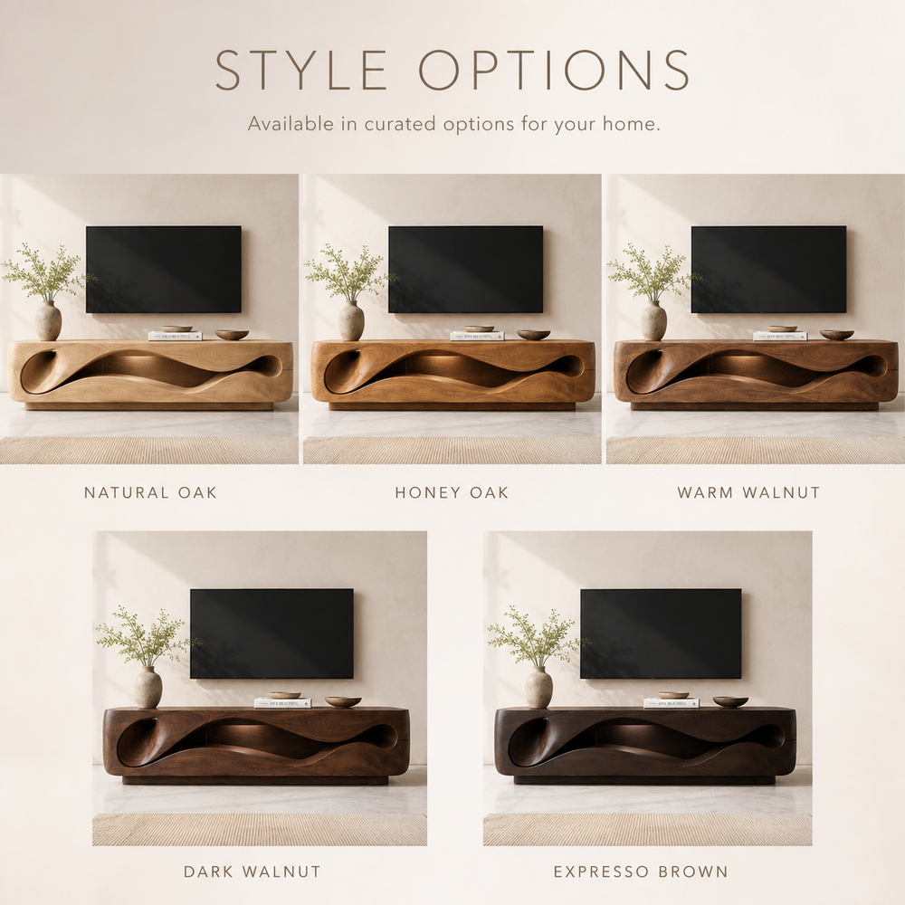 Eira Sculptural Solid Wood TV Stand - Design 020 - TV stand detail and styling view 10
