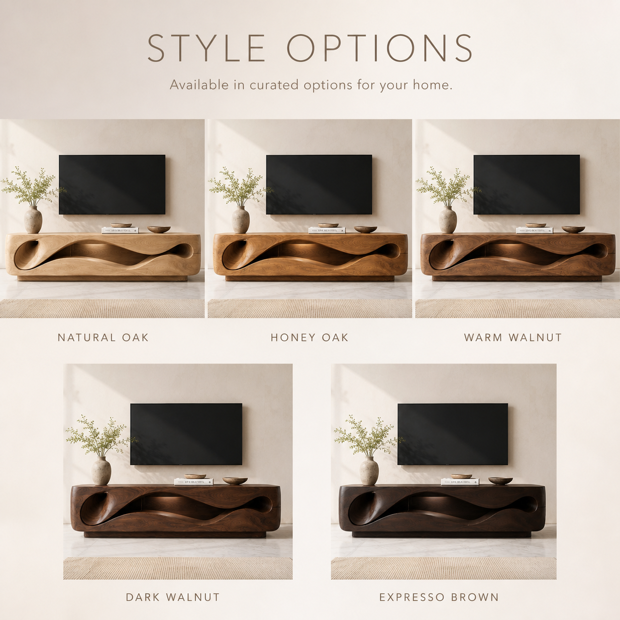 Eira Sculptural Solid Wood TV Stand - Design 020 - TV stand detail and styling view 10