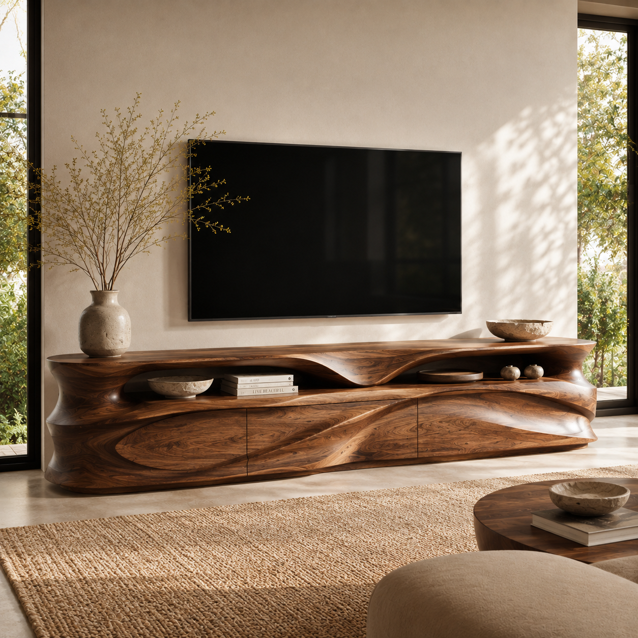 Kaia Sculptural Solid Wood TV Stand - Design 021 - premium solid wood TV stand main lifestyle view