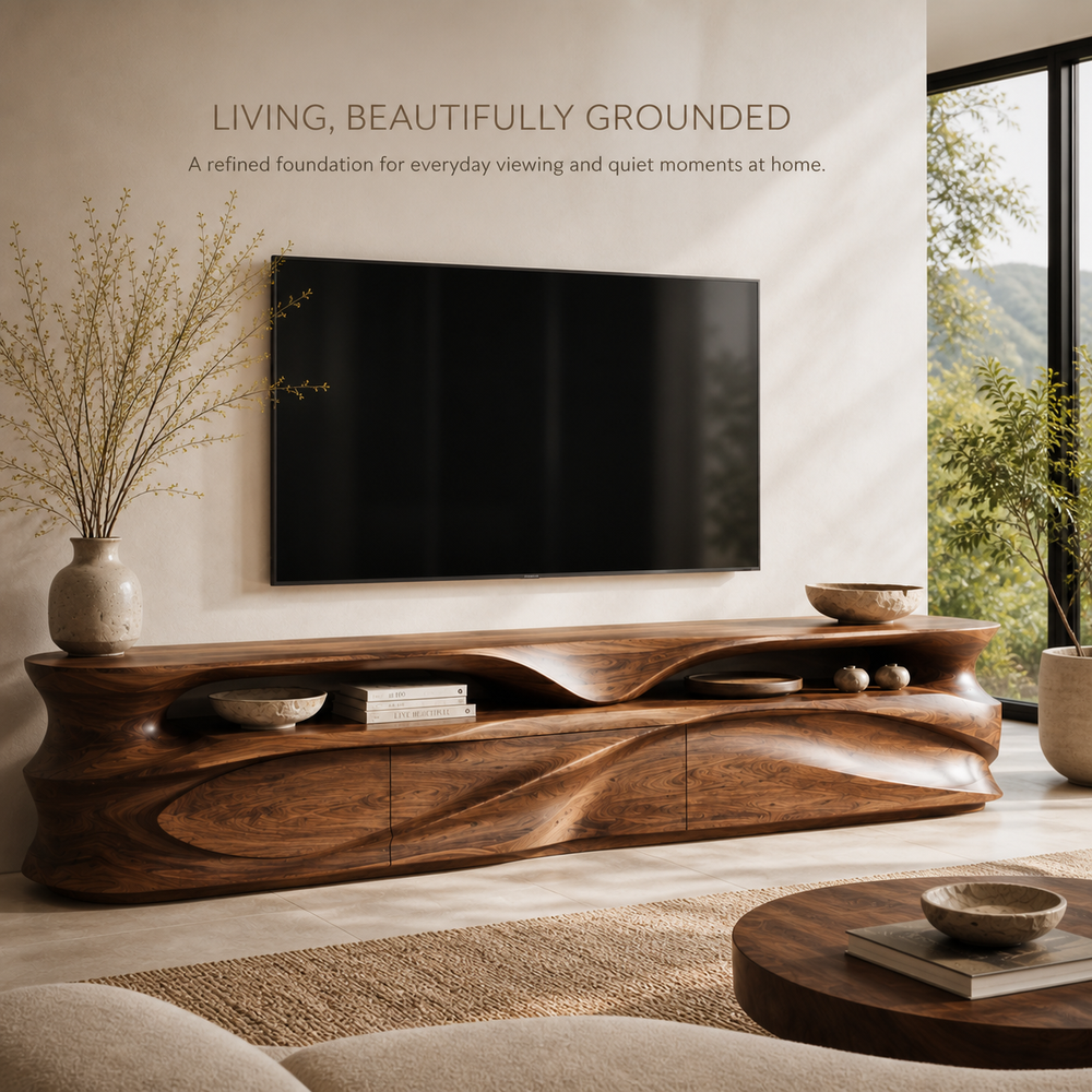 Kaia Sculptural Solid Wood TV Stand - Design 021 - TV stand detail and styling view 01