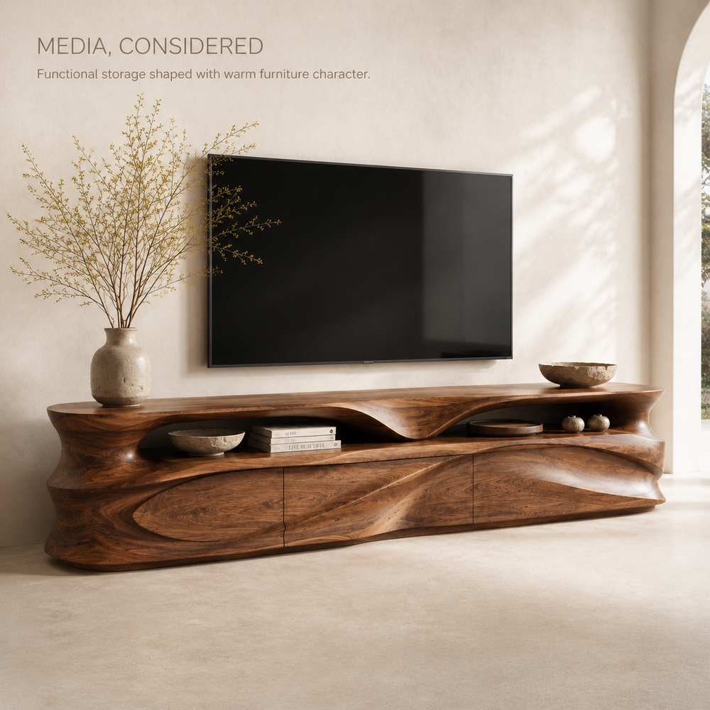 Kaia Sculptural Solid Wood TV Stand - Design 021 - TV stand detail and styling view 02