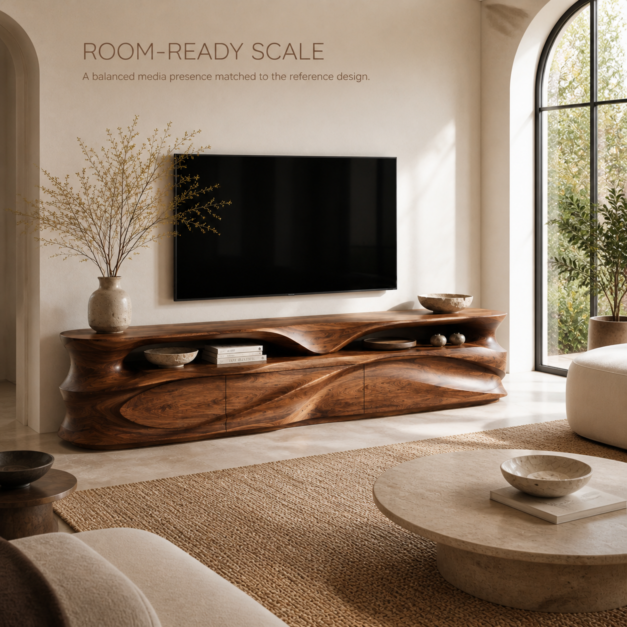 Kaia Sculptural Solid Wood TV Stand - Design 021 - TV stand detail and styling view 03