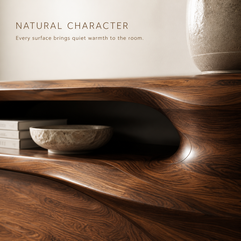 Kaia Sculptural Solid Wood TV Stand - Design 021 - TV stand detail and styling view 04