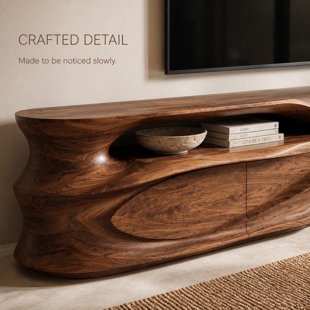 Kaia Sculptural Solid Wood TV Stand - Design 021 - TV stand detail and styling view 05