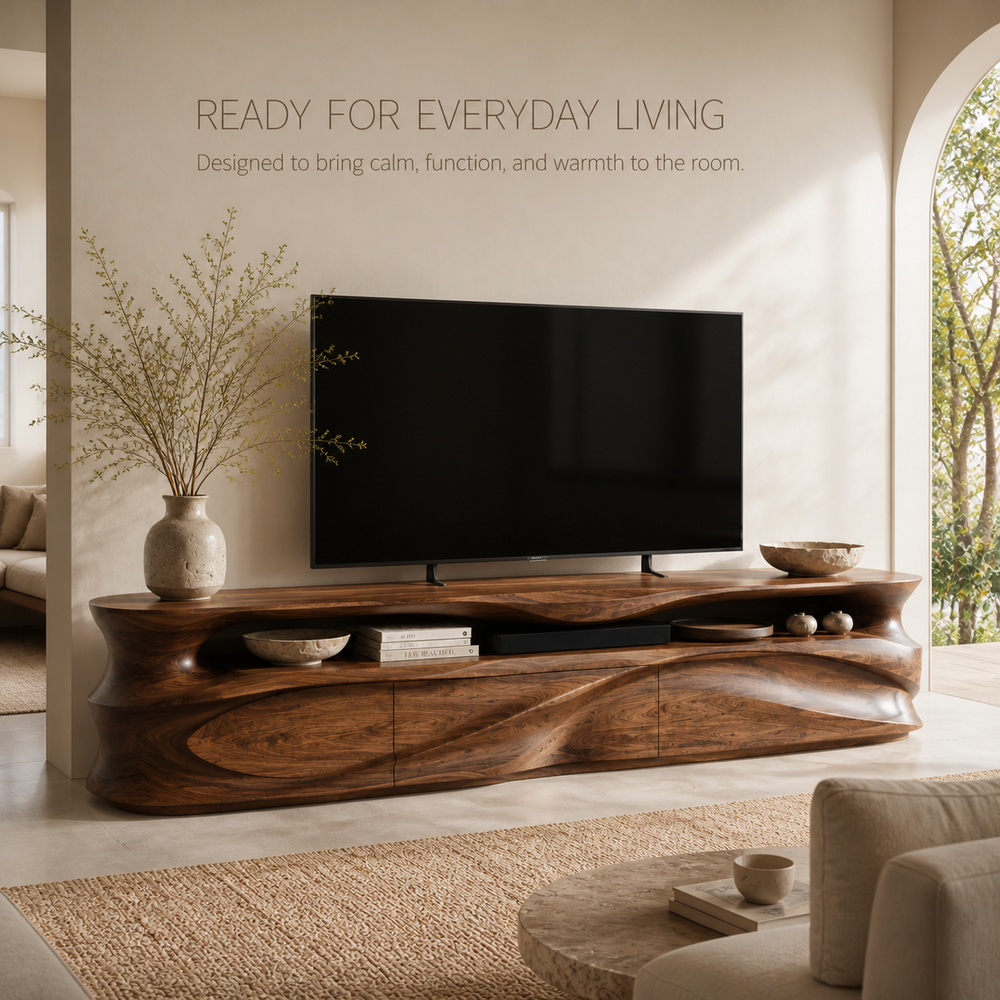 Kaia Sculptural Solid Wood TV Stand - Design 021 - TV stand detail and styling view 06