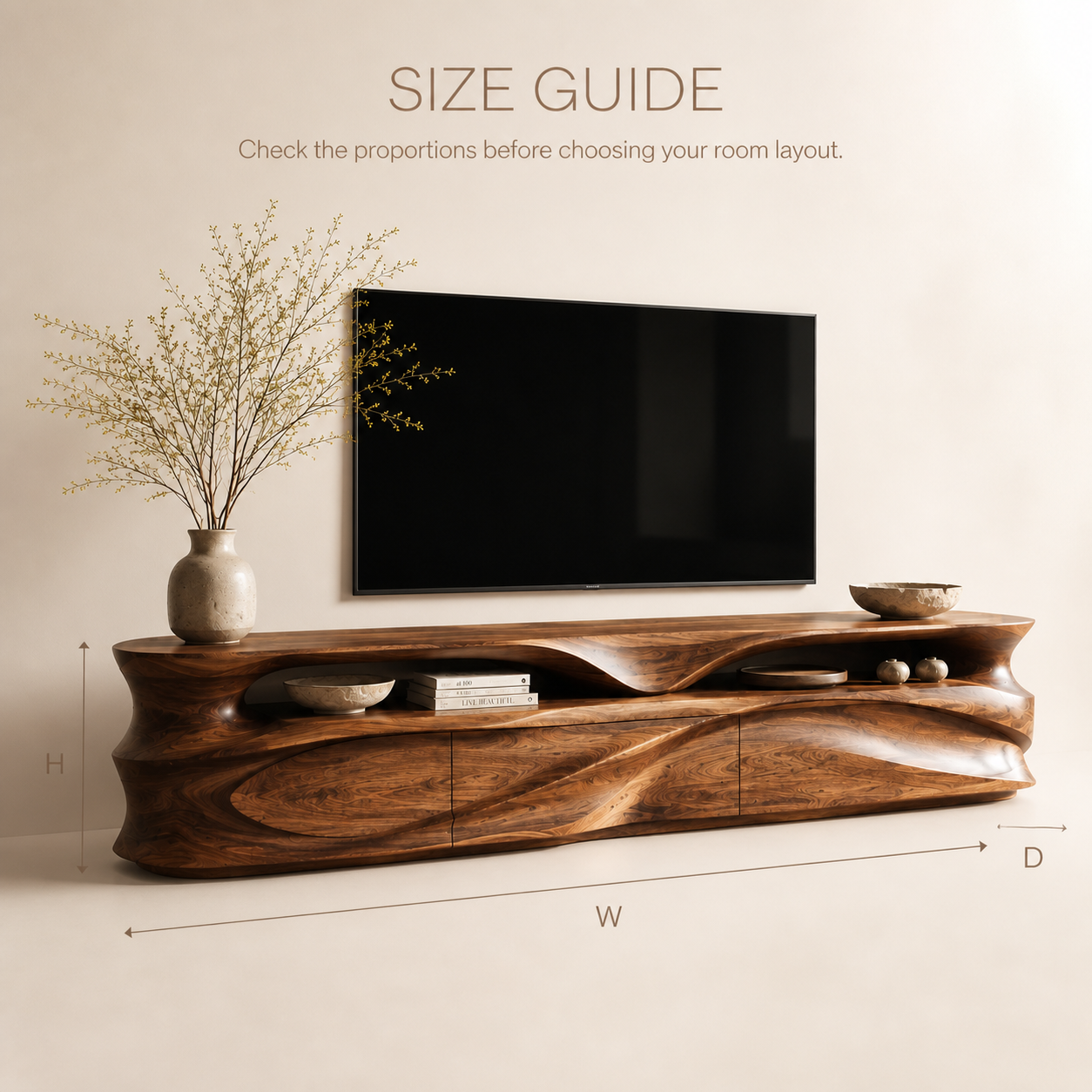 Kaia Sculptural Solid Wood TV Stand - Design 021 - TV stand detail and styling view 07