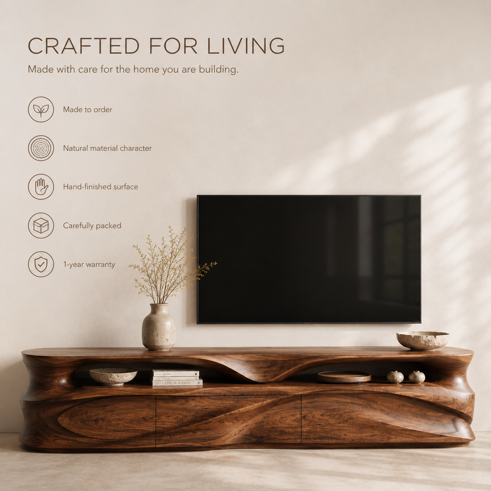 Kaia Sculptural Solid Wood TV Stand - Design 021 - TV stand detail and styling view 08