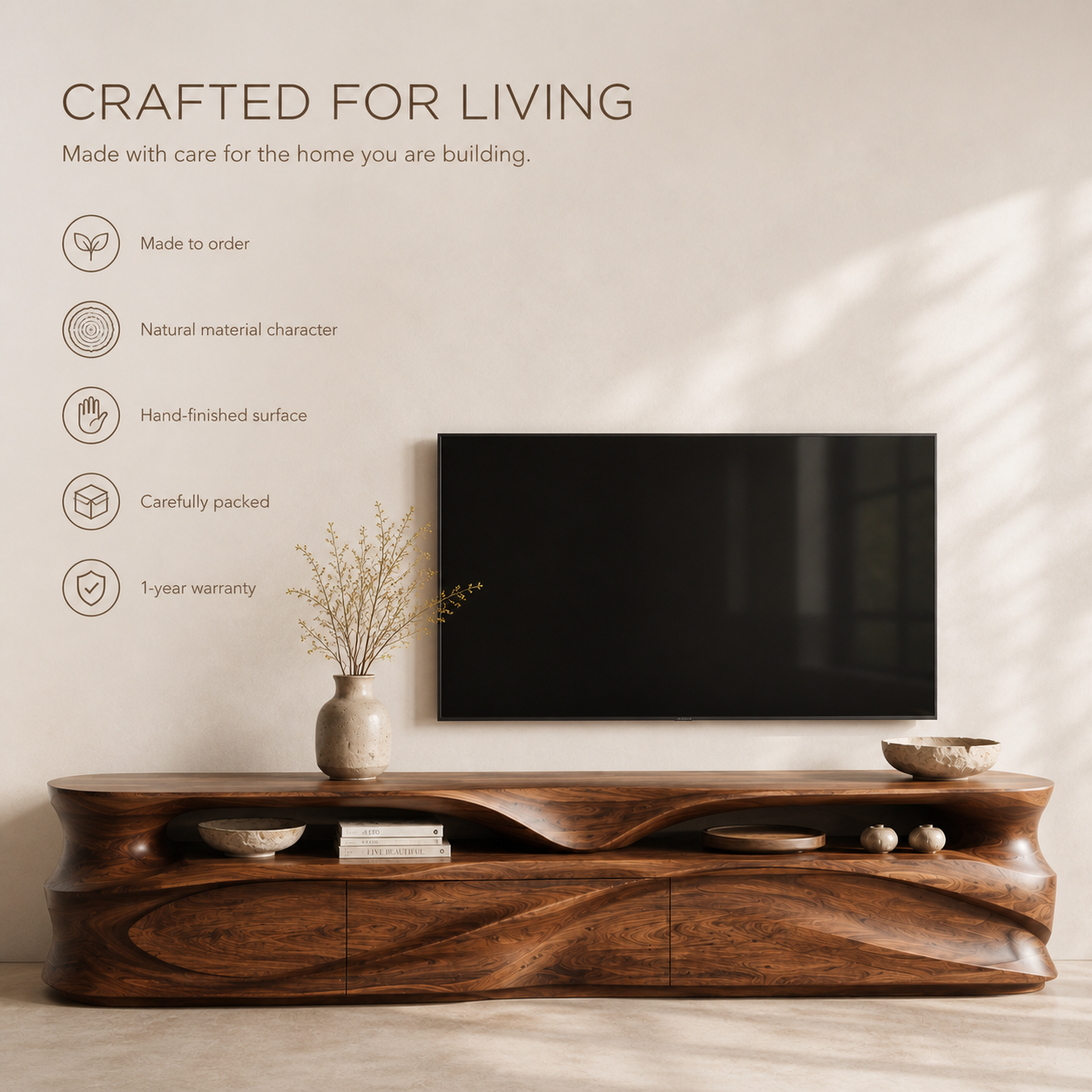 Kaia Sculptural Solid Wood TV Stand - Design 021 - TV stand detail and styling view 08