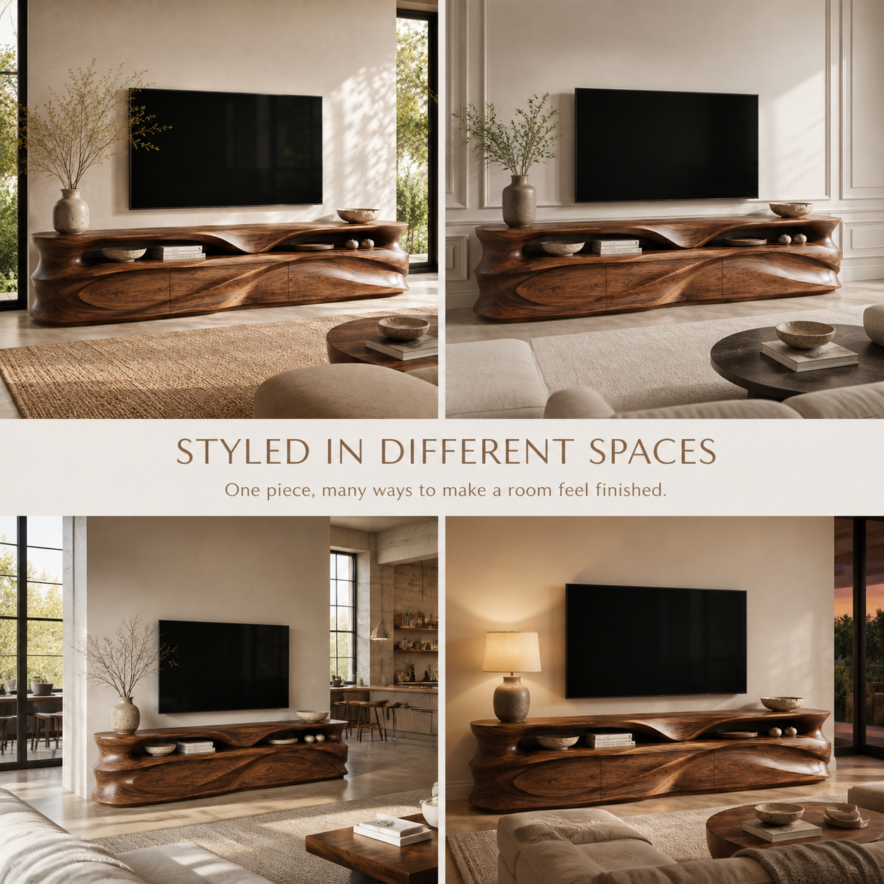 Kaia Sculptural Solid Wood TV Stand - Design 021 - TV stand detail and styling view 09