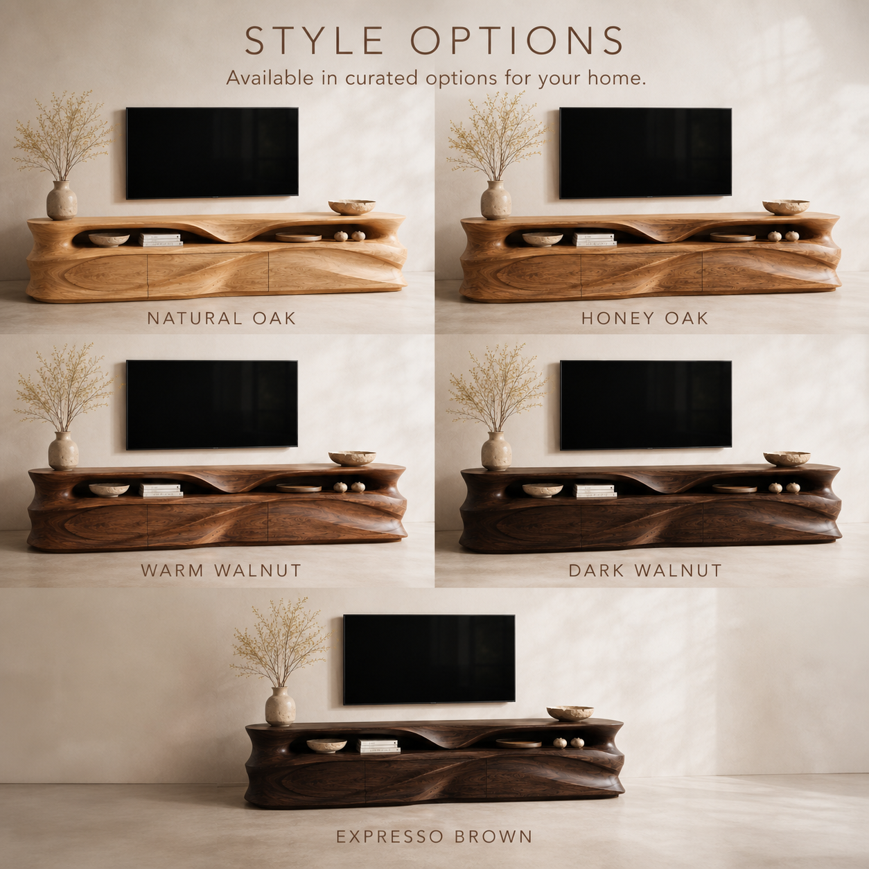 Kaia Sculptural Solid Wood TV Stand - Design 021 - TV stand detail and styling view 10