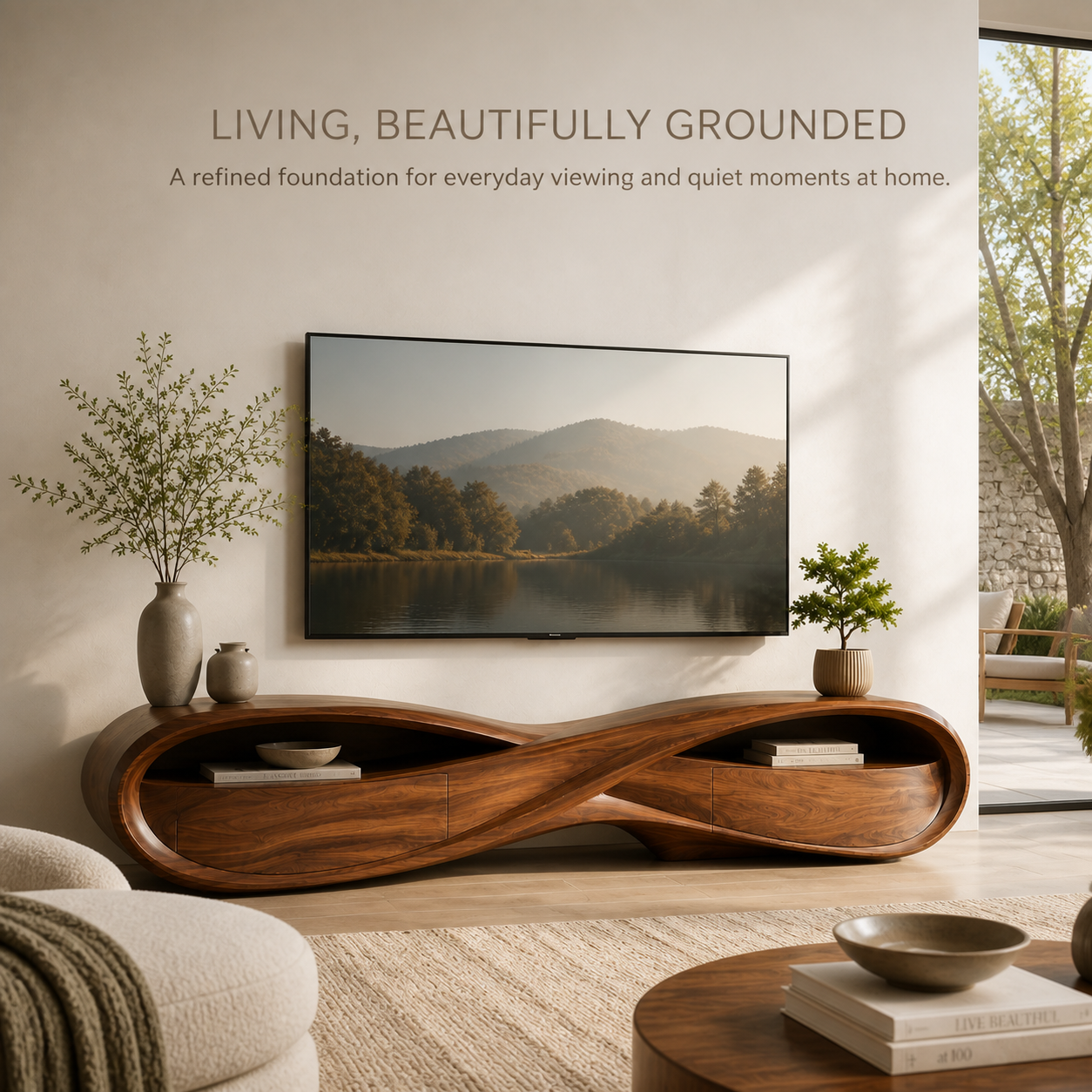 Remy Sculptural Solid Wood TV Stand - Design 022 - TV stand detail and styling view 01