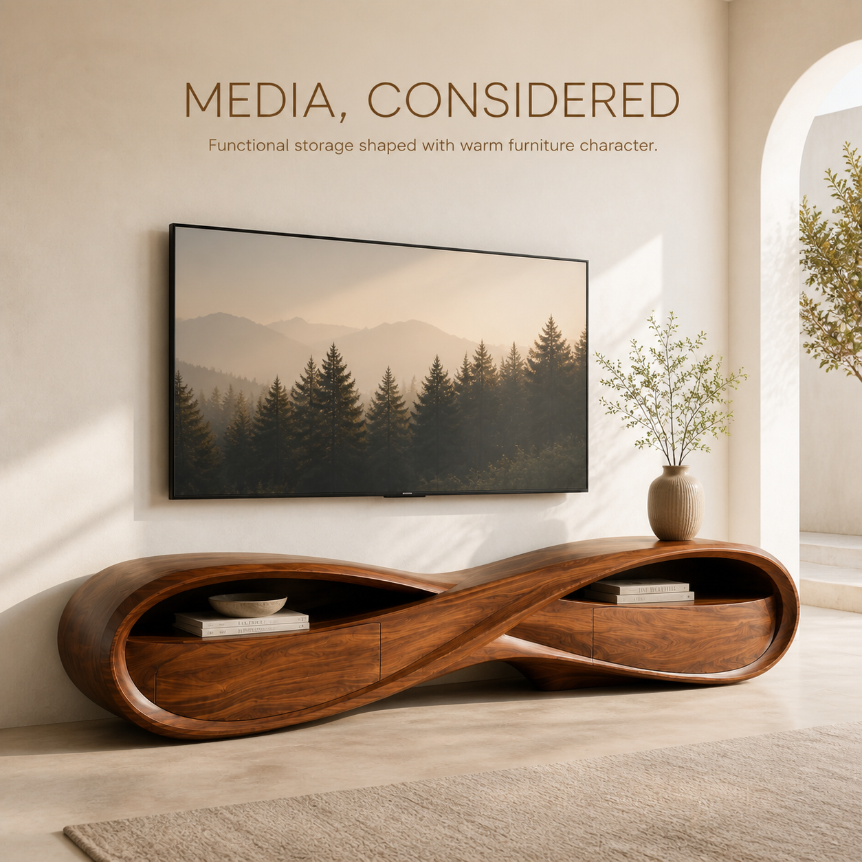 Remy Sculptural Solid Wood TV Stand - Design 022 - TV stand detail and styling view 02