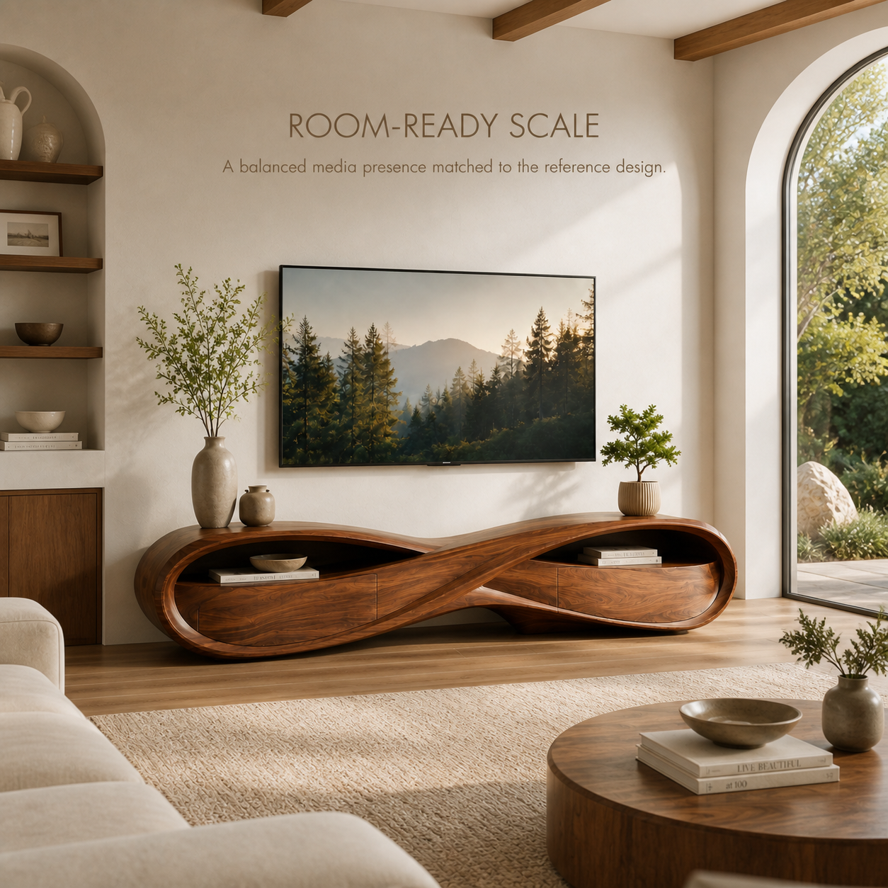 Remy Sculptural Solid Wood TV Stand - Design 022 - TV stand detail and styling view 03