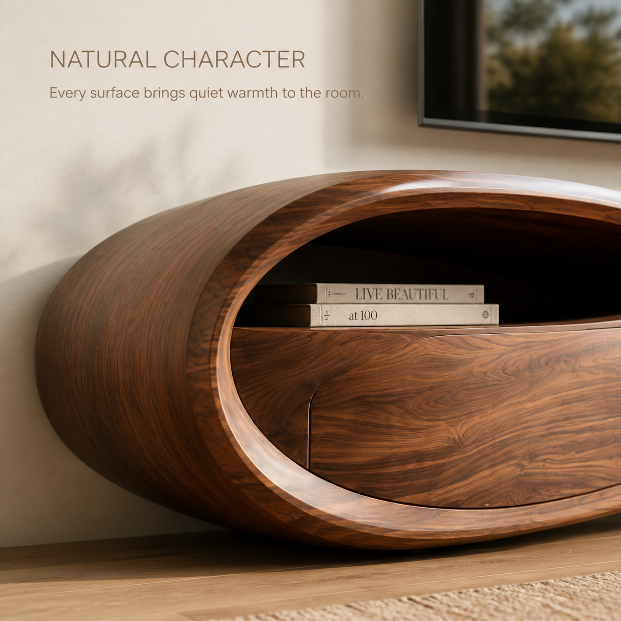 Remy Sculptural Solid Wood TV Stand - Design 022 - TV stand detail and styling view 04