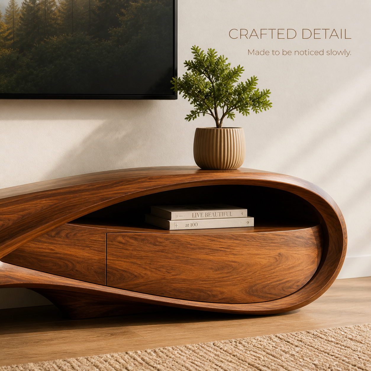 Remy Sculptural Solid Wood TV Stand - Design 022 - TV stand detail and styling view 05