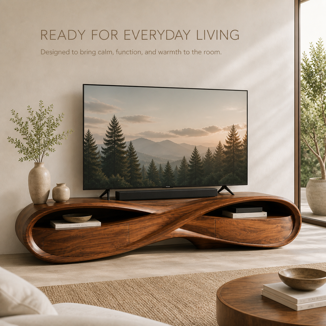 Remy Sculptural Solid Wood TV Stand - Design 022 - TV stand detail and styling view 06