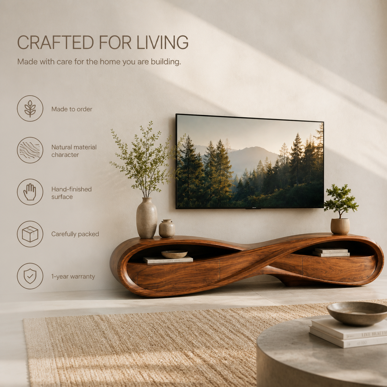 Remy Sculptural Solid Wood TV Stand - Design 022 - TV stand detail and styling view 08