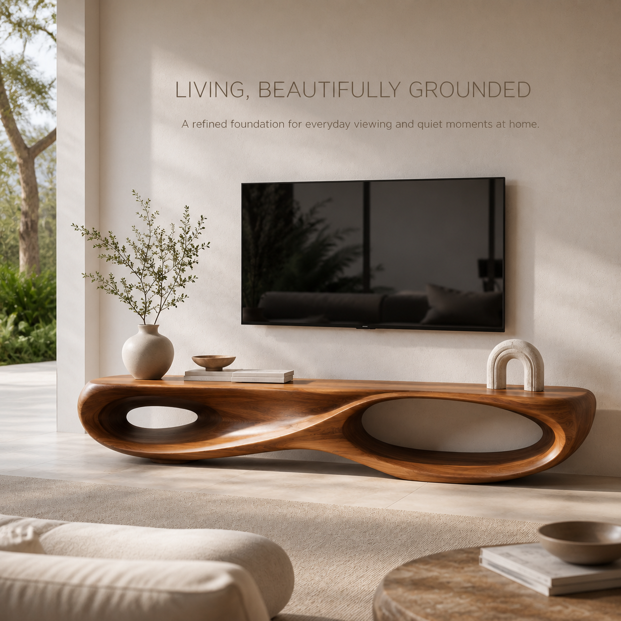 Brisa Sculptural Solid Wood TV Stand - Design 023 - TV stand detail and styling view 01