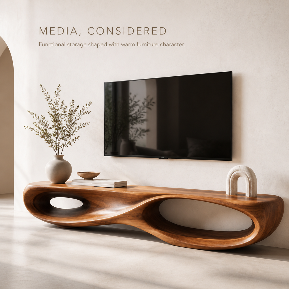 Brisa Sculptural Solid Wood TV Stand - Design 023 - TV stand detail and styling view 02