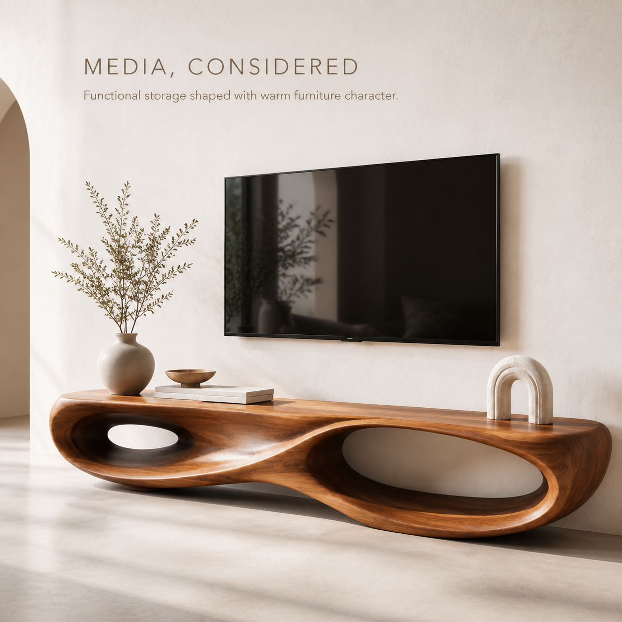 Brisa Sculptural Solid Wood TV Stand - Design 023 - TV stand detail and styling view 02