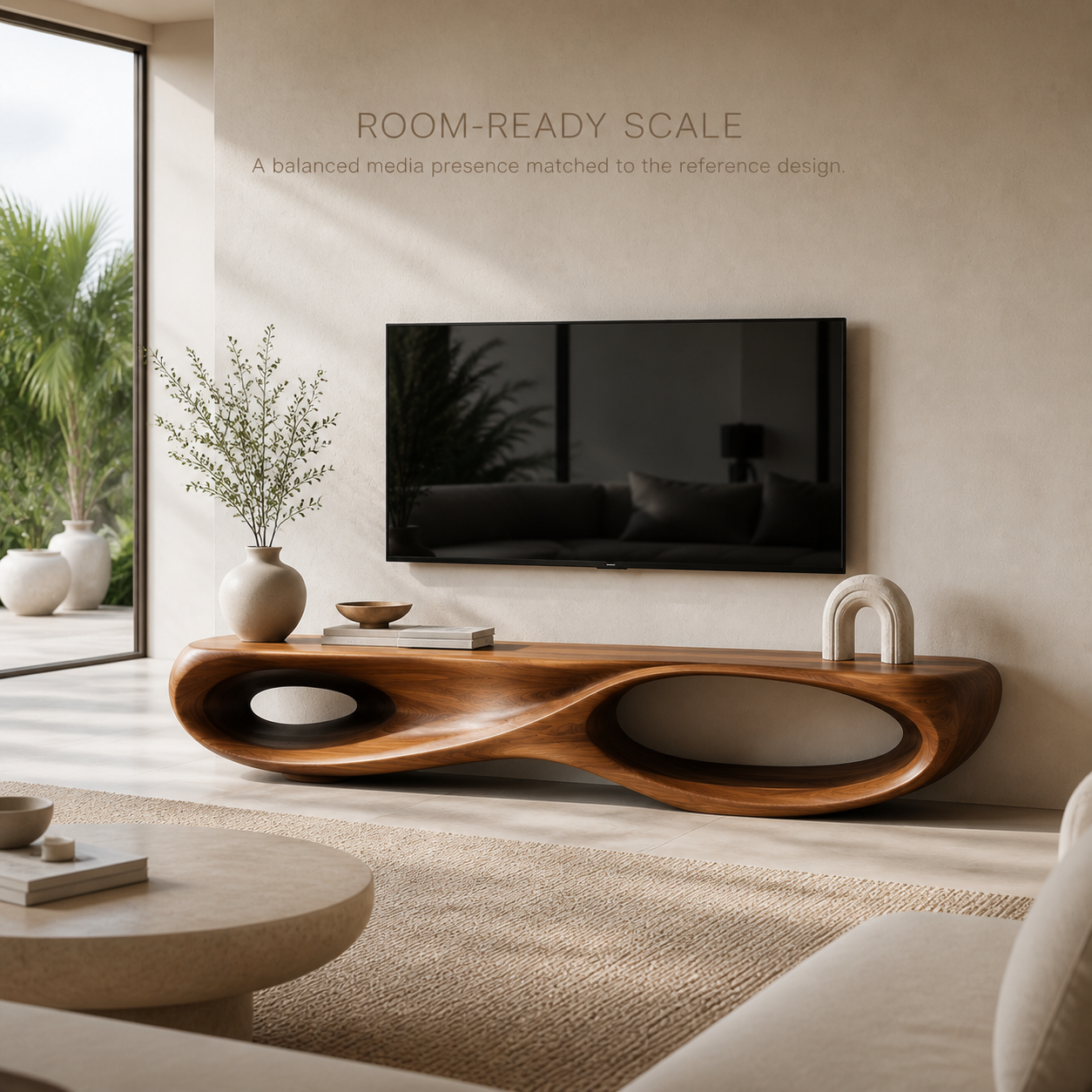 Brisa Sculptural Solid Wood TV Stand - Design 023 - TV stand detail and styling view 03