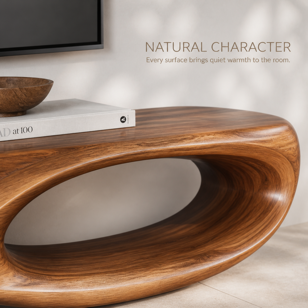 Brisa Sculptural Solid Wood TV Stand - Design 023 - TV stand detail and styling view 04