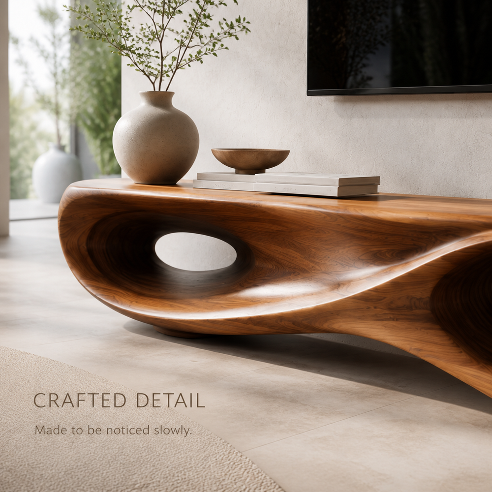 Brisa Sculptural Solid Wood TV Stand - Design 023 - TV stand detail and styling view 05
