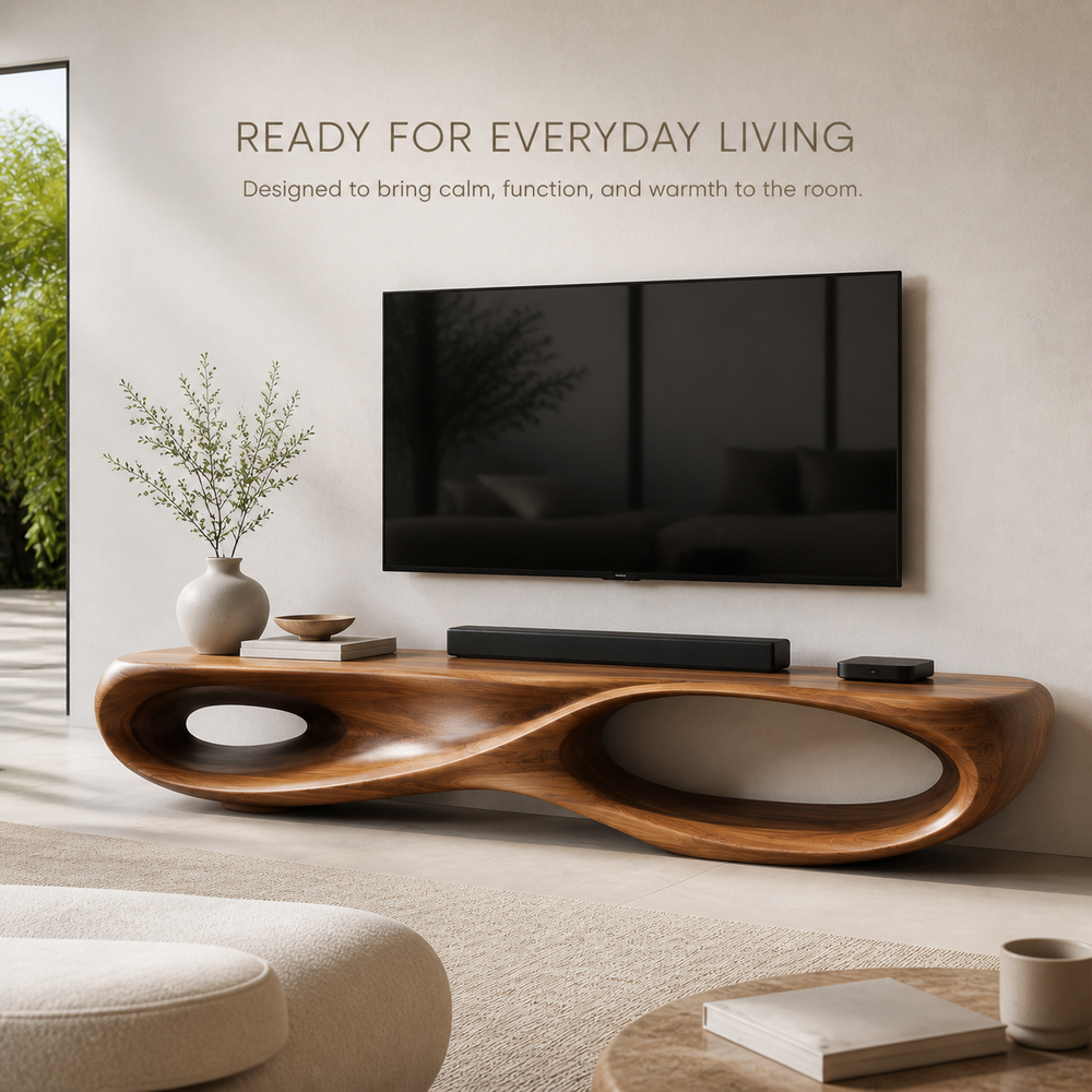 Brisa Sculptural Solid Wood TV Stand - Design 023 - TV stand detail and styling view 06