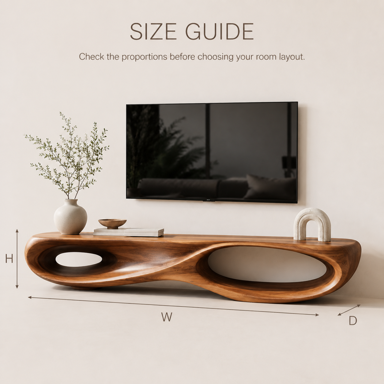 Brisa Sculptural Solid Wood TV Stand - Design 023 - TV stand detail and styling view 07