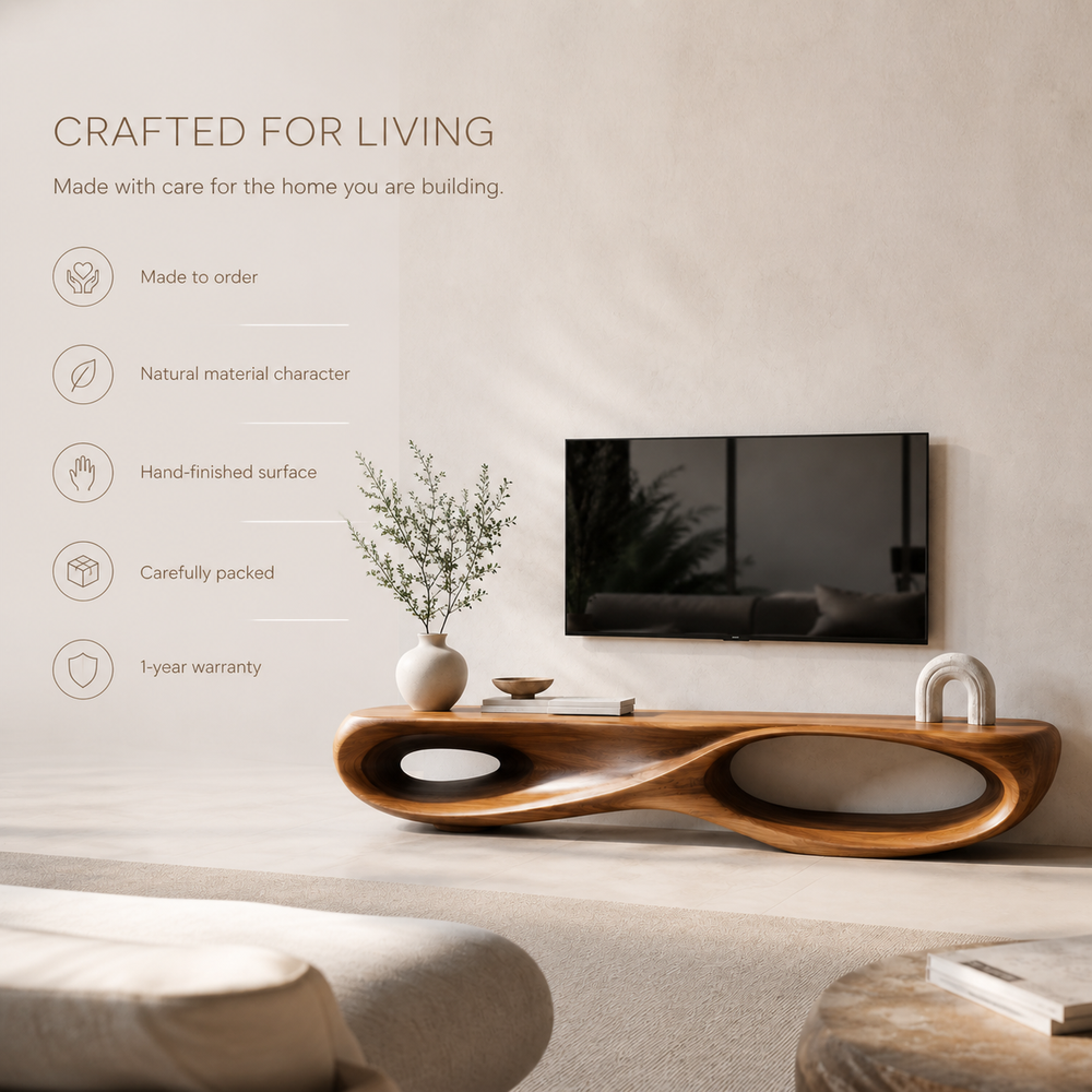 Brisa Sculptural Solid Wood TV Stand - Design 023 - TV stand detail and styling view 08