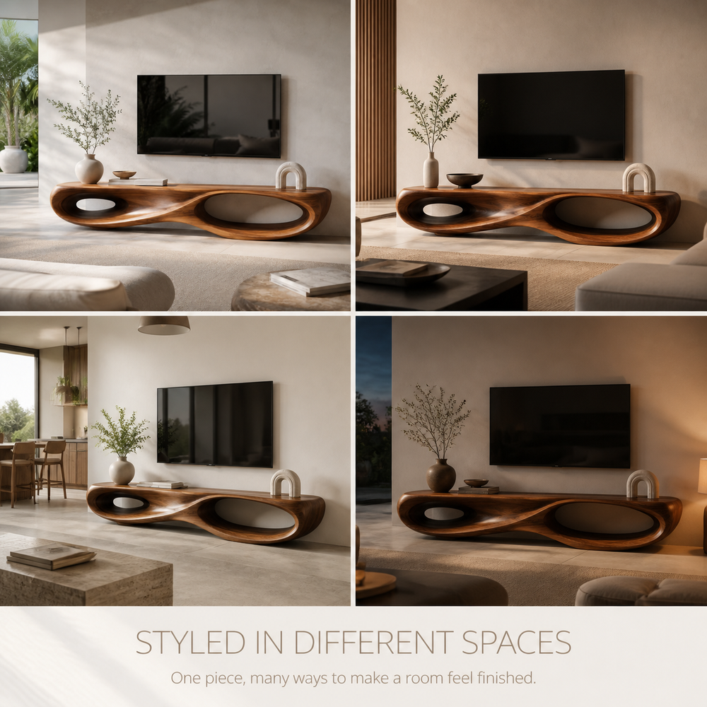 Brisa Sculptural Solid Wood TV Stand - Design 023 - TV stand detail and styling view 09