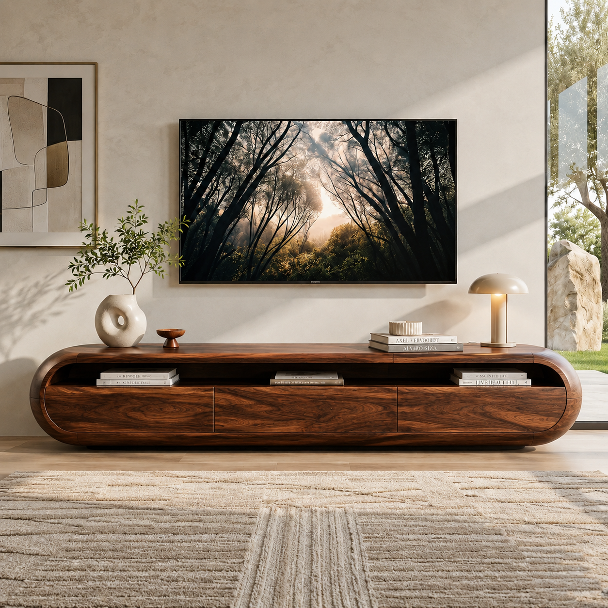 Maren Sculptural Solid Wood TV Stand - Design 024 - premium solid wood TV stand main lifestyle view