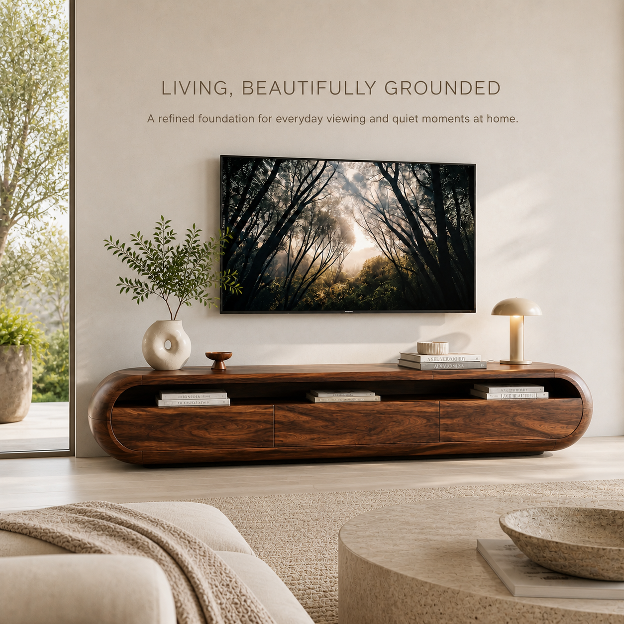 Maren Sculptural Solid Wood TV Stand - Design 024 - TV stand detail and styling view 01