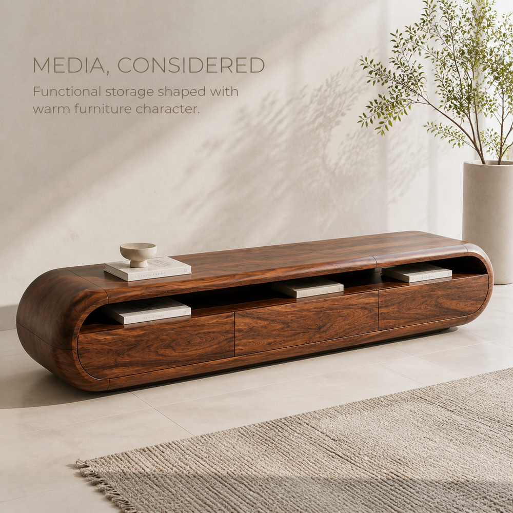 Maren Sculptural Solid Wood TV Stand - Design 024 - TV stand detail and styling view 02