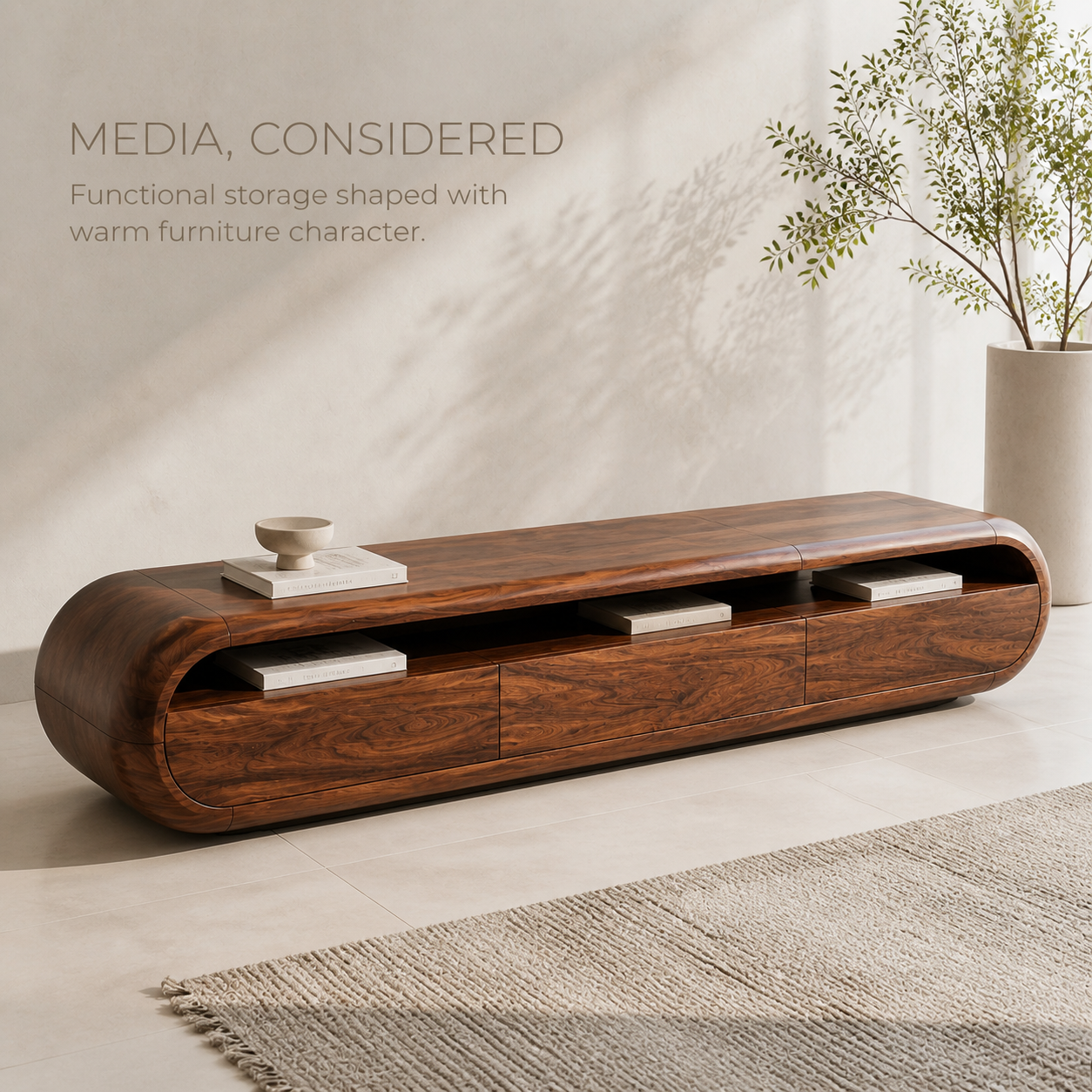 Maren Sculptural Solid Wood TV Stand - Design 024 - TV stand detail and styling view 02