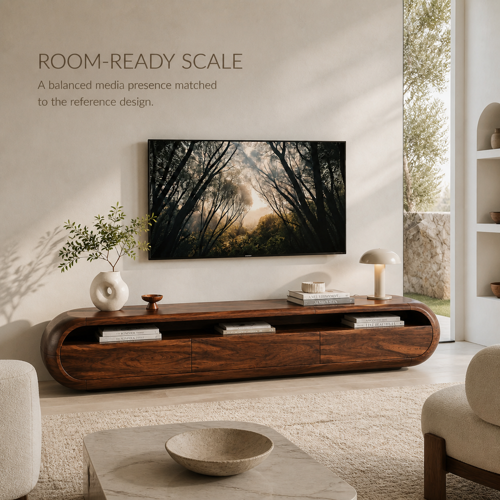 Maren Sculptural Solid Wood TV Stand - Design 024 - TV stand detail and styling view 03