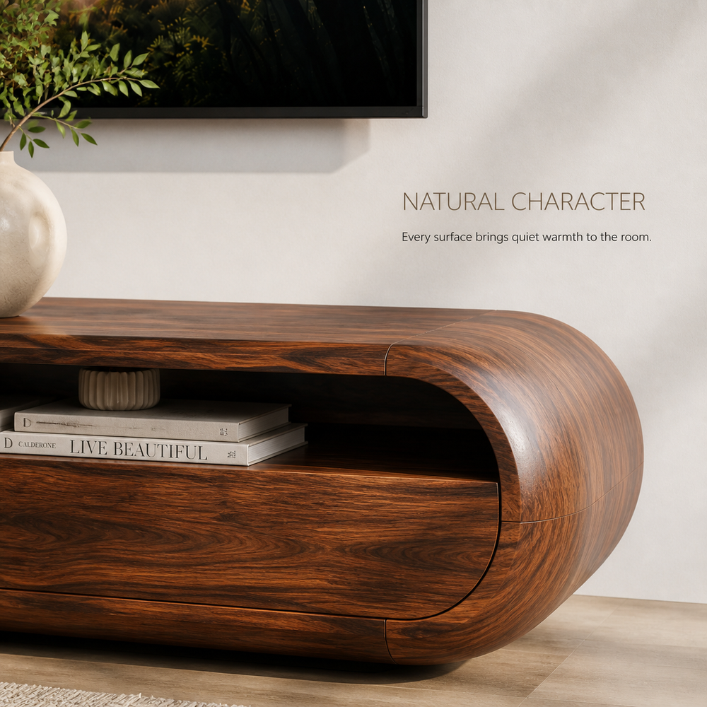 Maren Sculptural Solid Wood TV Stand - Design 024 - TV stand detail and styling view 04