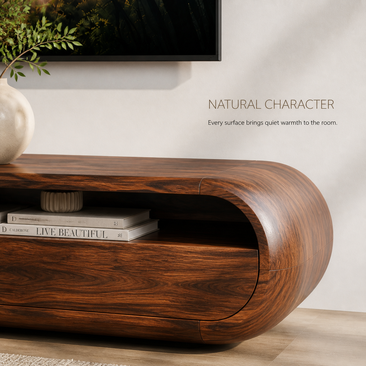 Maren Sculptural Solid Wood TV Stand - Design 024 - TV stand detail and styling view 04
