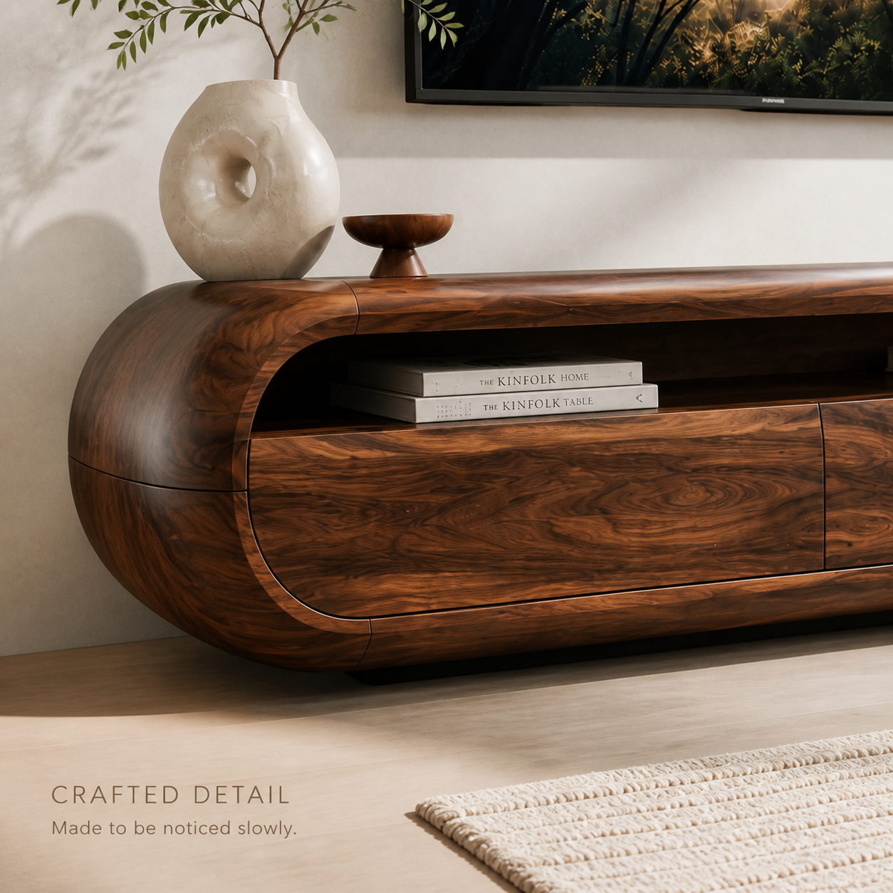 Maren Sculptural Solid Wood TV Stand - Design 024 - TV stand detail and styling view 05