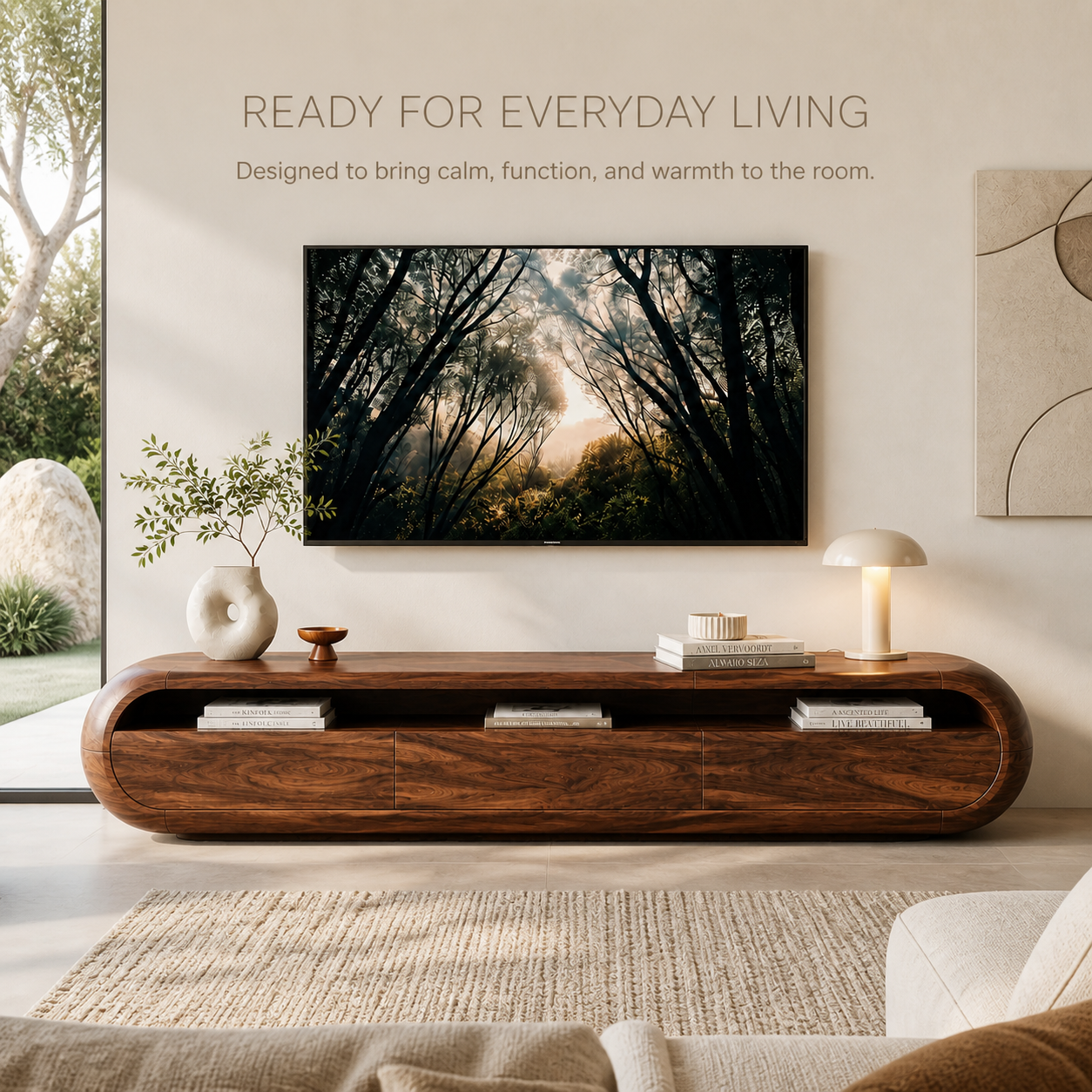Maren Sculptural Solid Wood TV Stand - Design 024 - TV stand detail and styling view 06