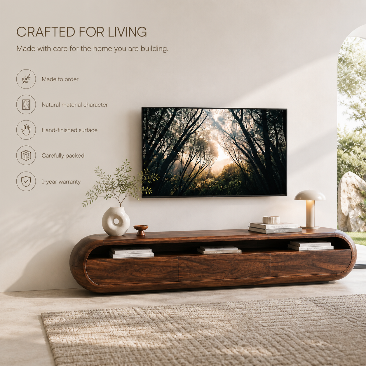 Maren Sculptural Solid Wood TV Stand - Design 024 - TV stand detail and styling view 08