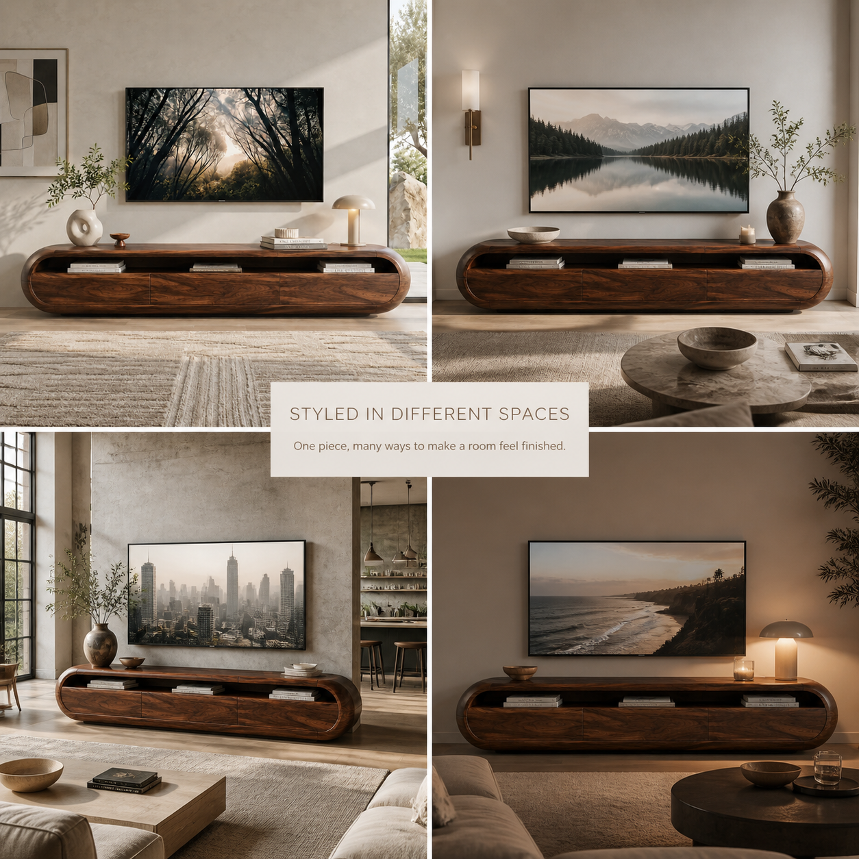 Maren Sculptural Solid Wood TV Stand - Design 024 - TV stand detail and styling view 09