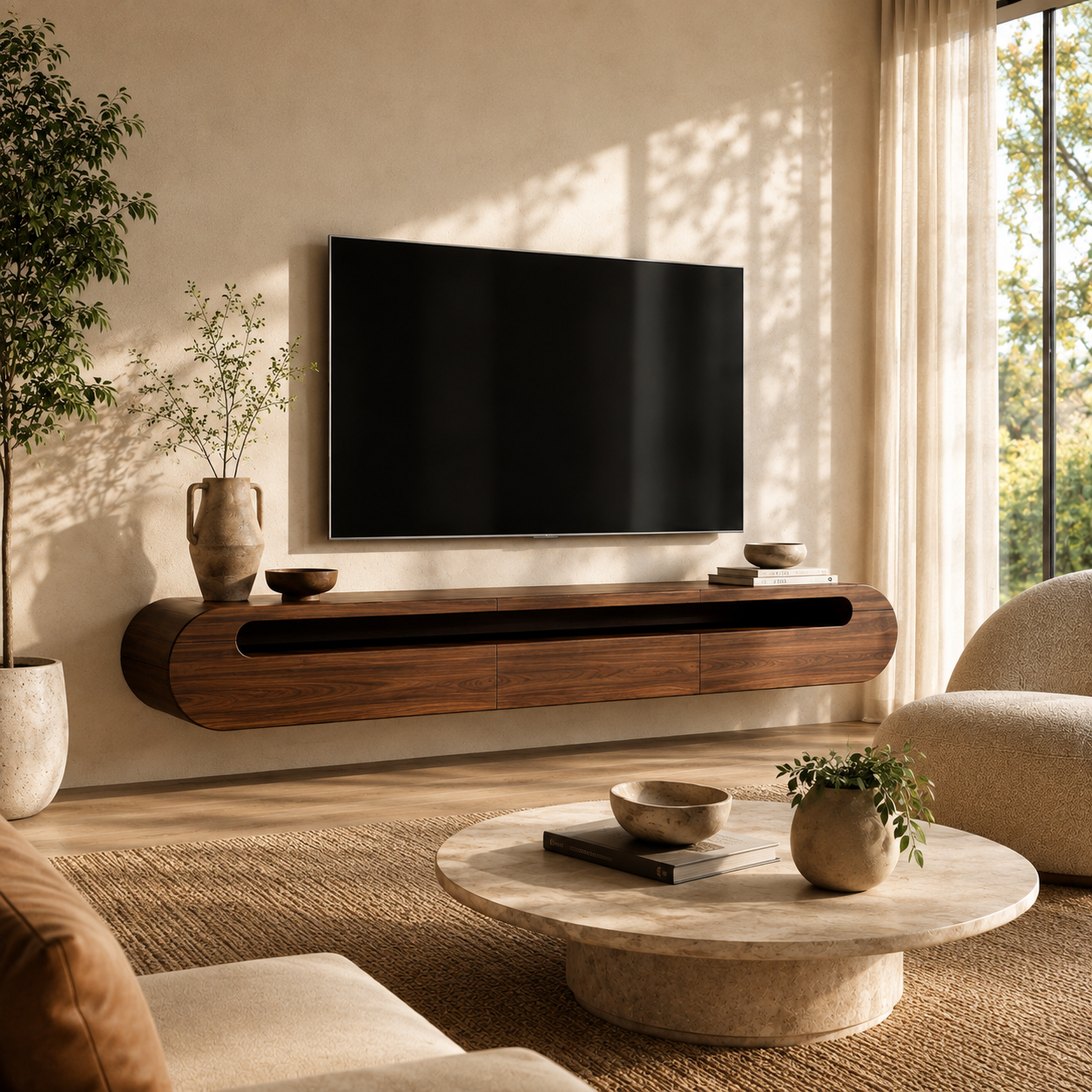 Solene Sculptural Solid Wood TV Stand - Design 025 - premium solid wood TV stand main lifestyle view