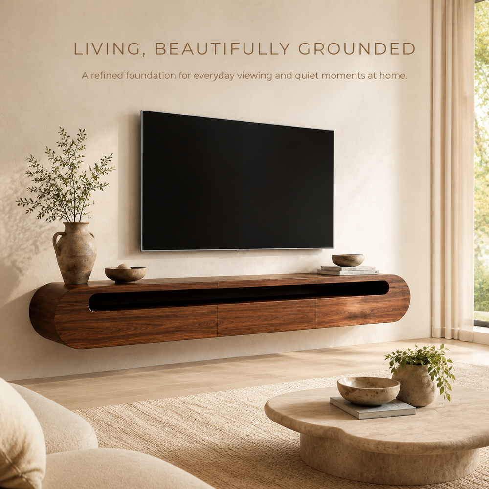 Solene Sculptural Solid Wood TV Stand - Design 025 - TV stand detail and styling view 01