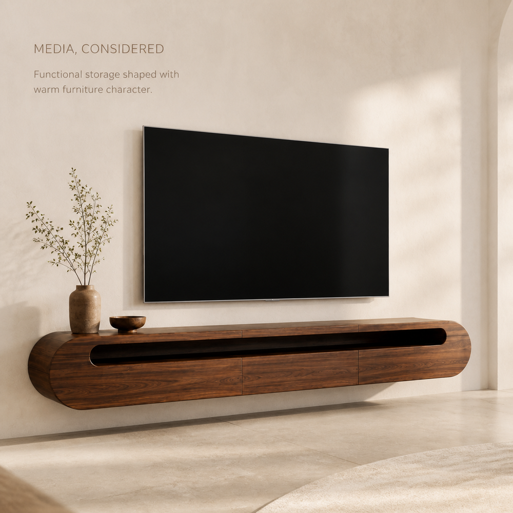 Solene Sculptural Solid Wood TV Stand - Design 025 - TV stand detail and styling view 02
