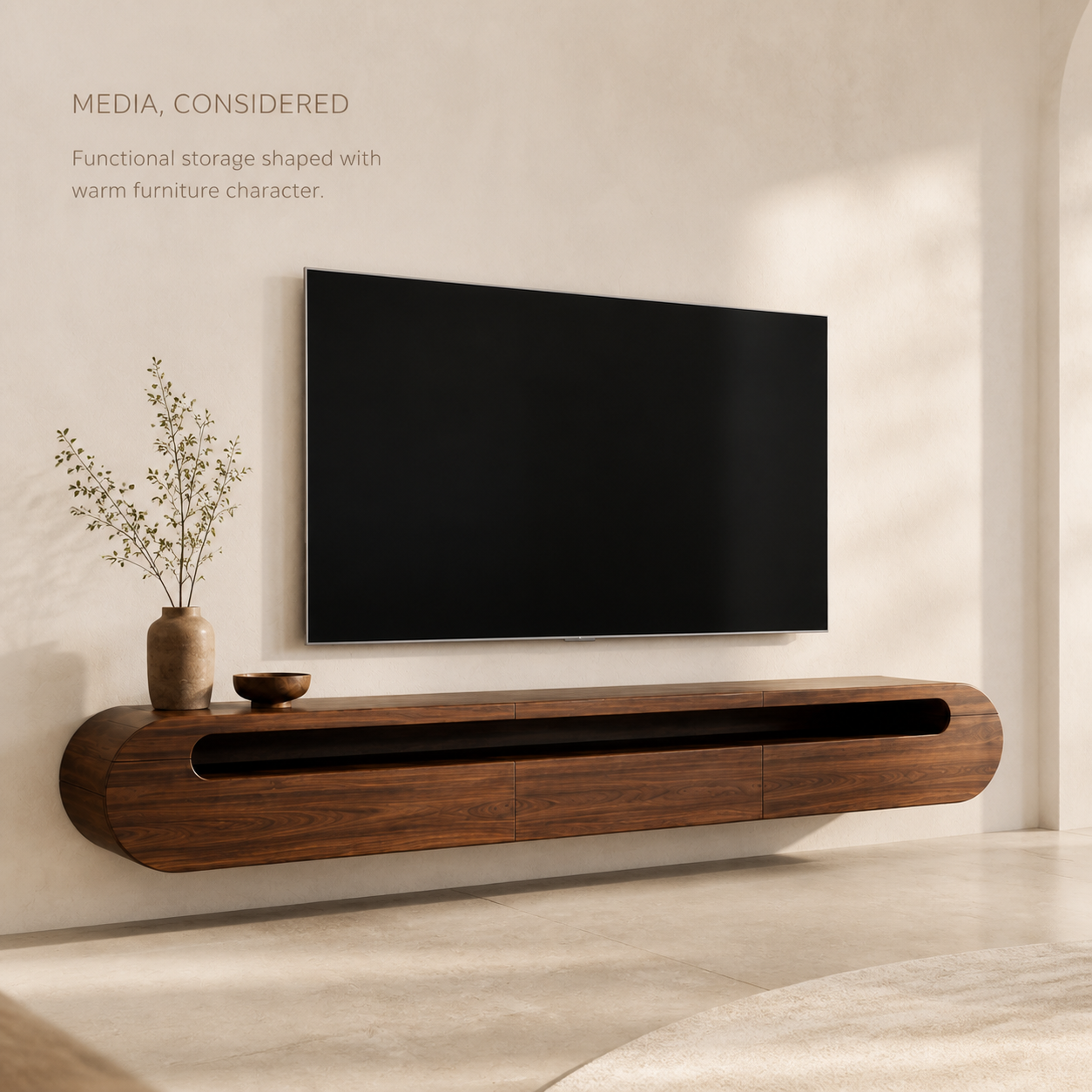 Solene Sculptural Solid Wood TV Stand - Design 025 - TV stand detail and styling view 02