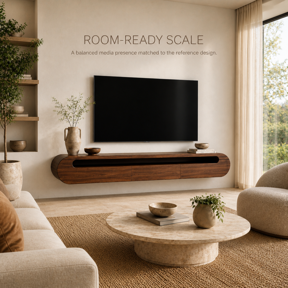 Solene Sculptural Solid Wood TV Stand - Design 025 - TV stand detail and styling view 03