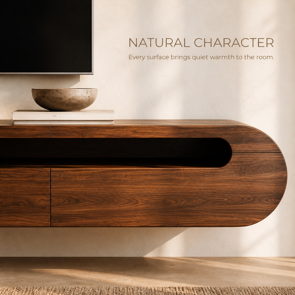 Solene Sculptural Solid Wood TV Stand - Design 025 - TV stand detail and styling view 04