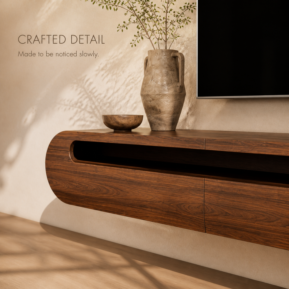 Solene Sculptural Solid Wood TV Stand - Design 025 - TV stand detail and styling view 05